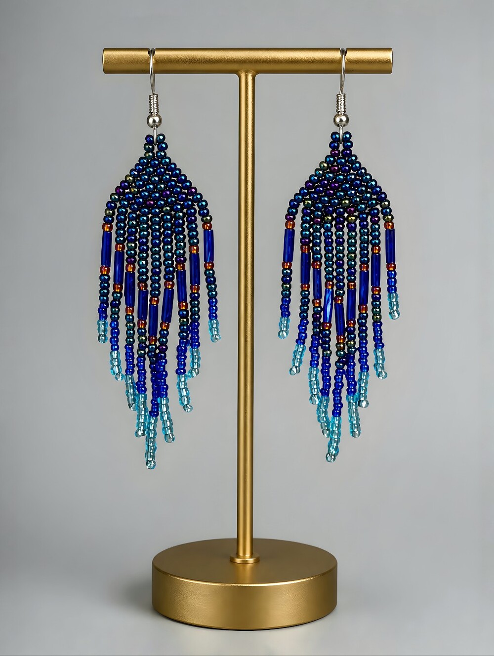 Handmade Blue Ombre Beaded Fringe Earrings Boho 70s Festival Dangle